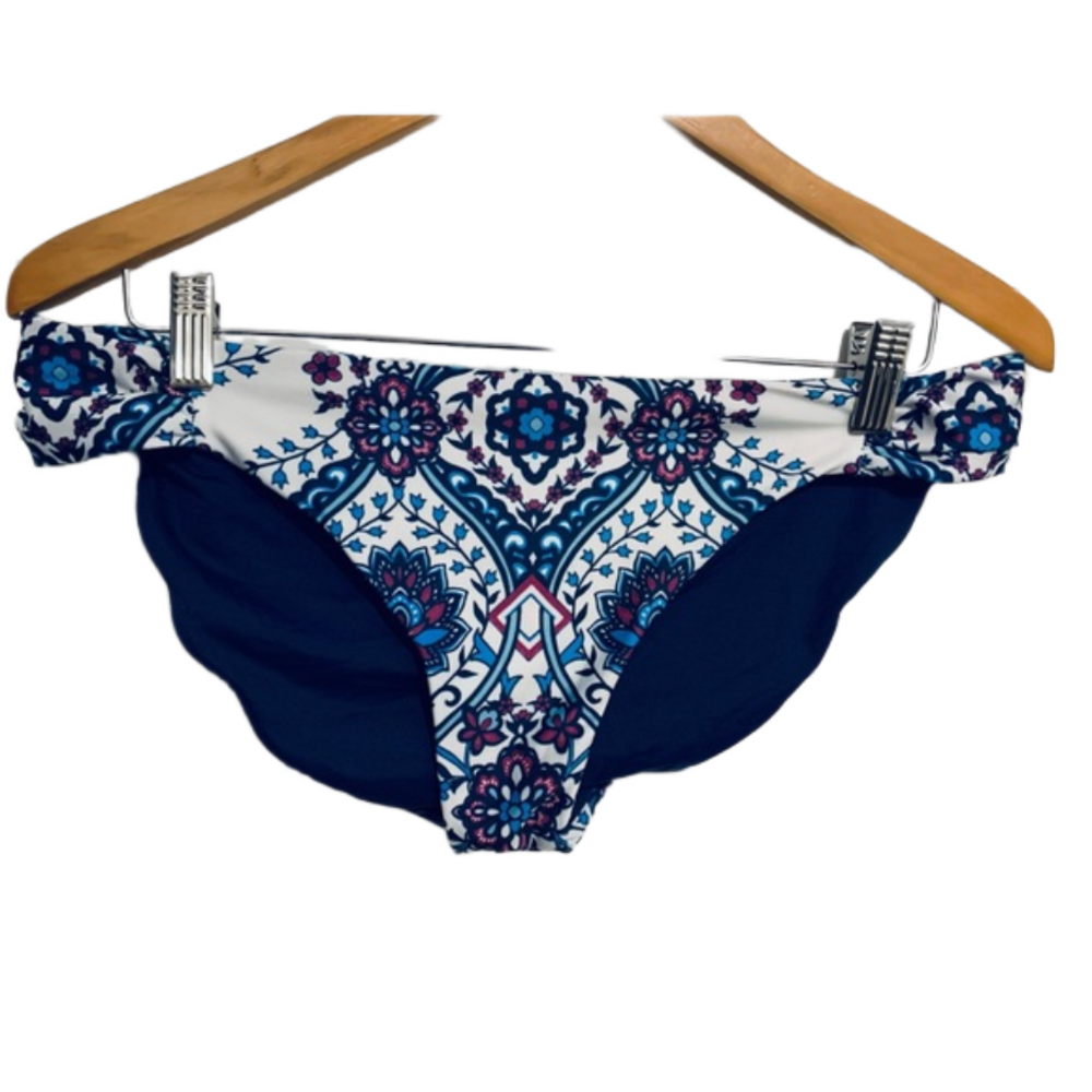 Becca navy blue reversible print bikini Bottoms L